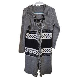 BB DAKOTA Black White BOHO Duster Cardigan Fringe Long SZ MED